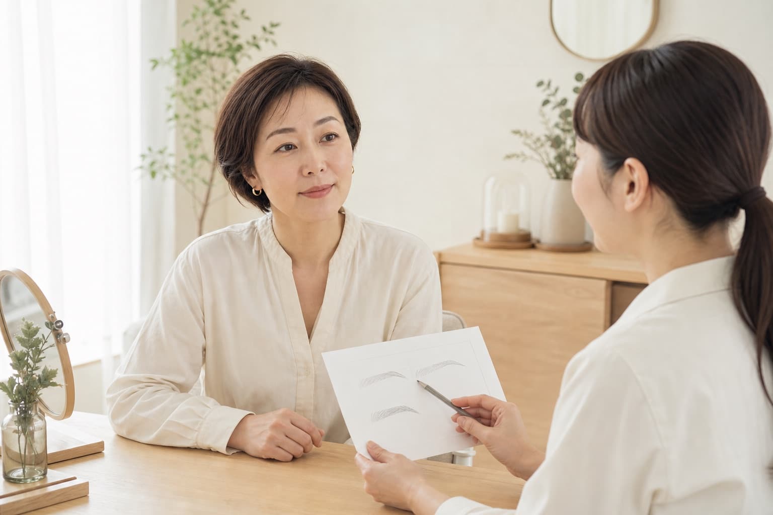 完全個室で眉の形について相談する女性