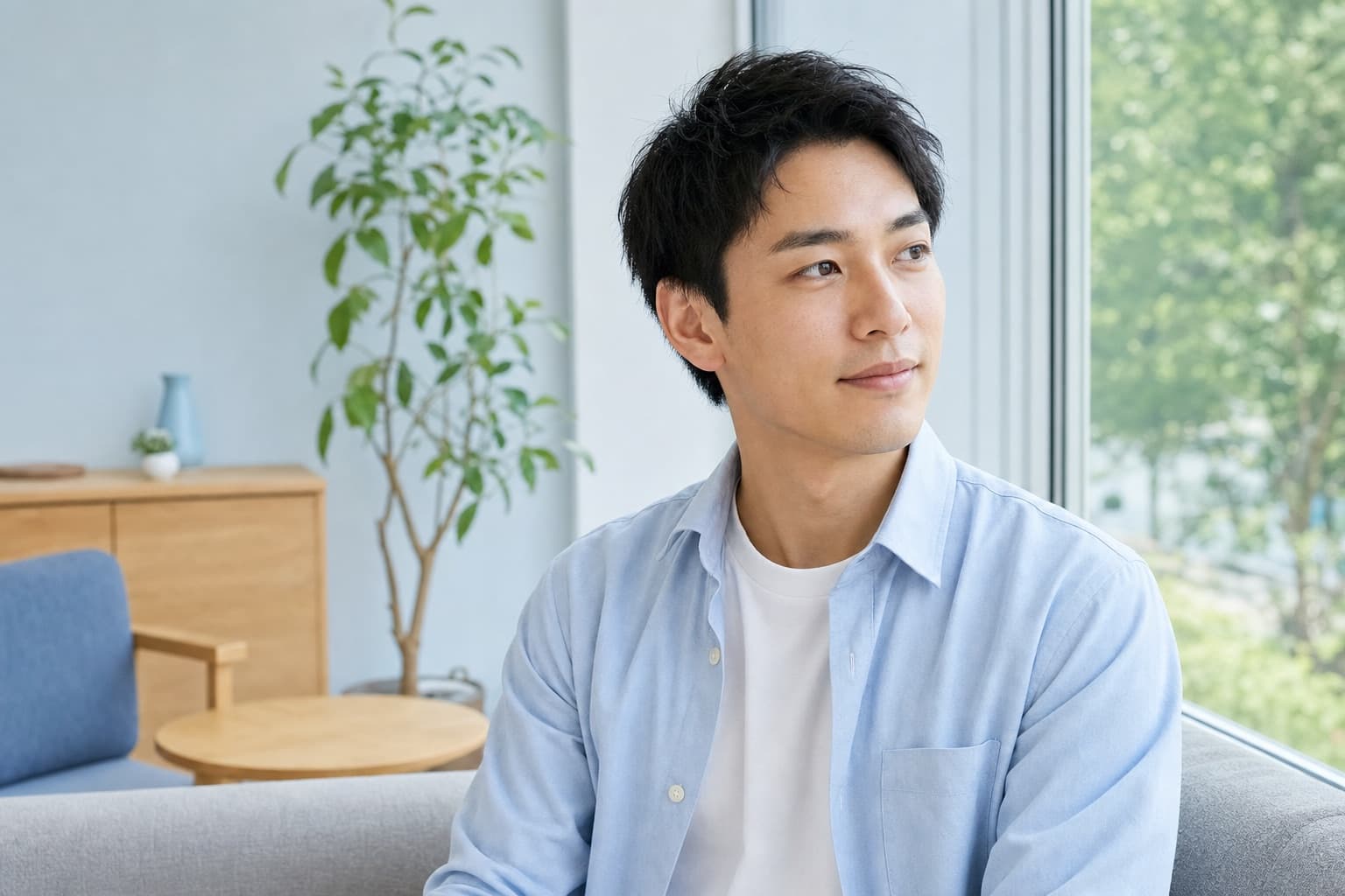 窓辺の明るいラウンジで穏やかに過ごす男性